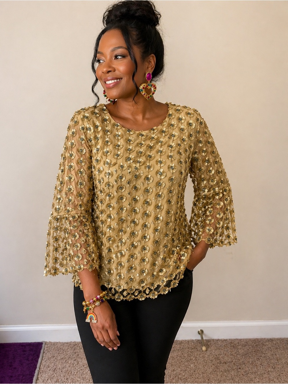 Calvin Klein Gold Textured Blouse |Statement Sheer Embroidered Blouse | MED